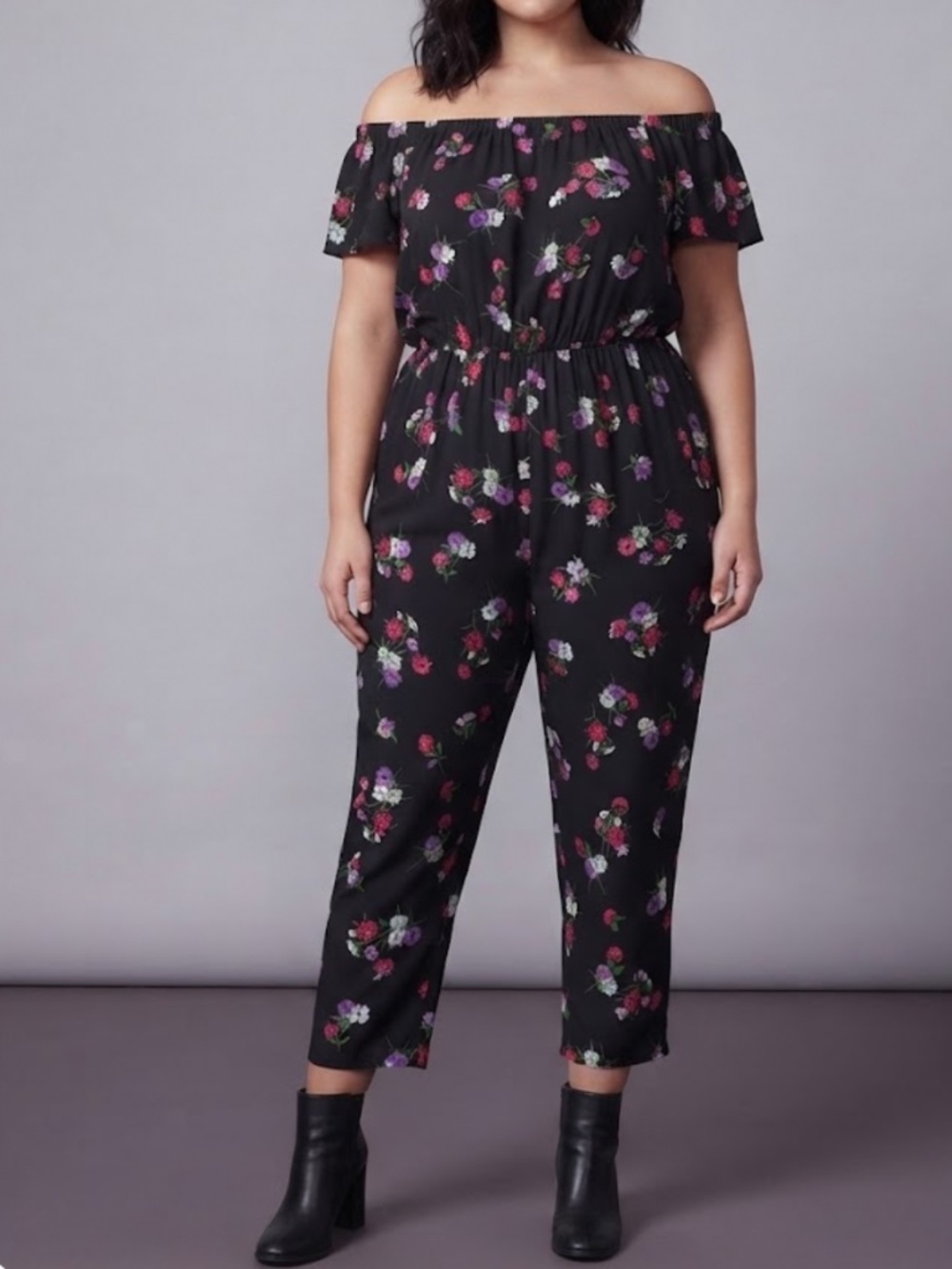 Express Jumpsuit Off Shoulder Elastic Waist Black Floral Print Pink Purple Large